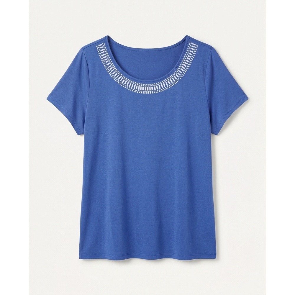 Jaclyn Smith Womens XL Blue Embellished Scoop Neck Short Sleeve Knit Top - Picture 2 of 10